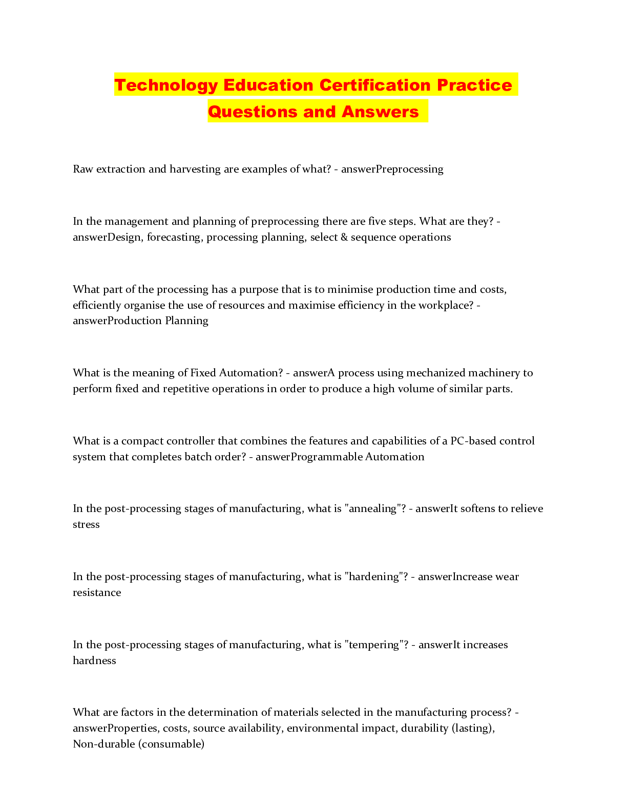 Preview image of Technology Education Certification Practice Questions and Answers document